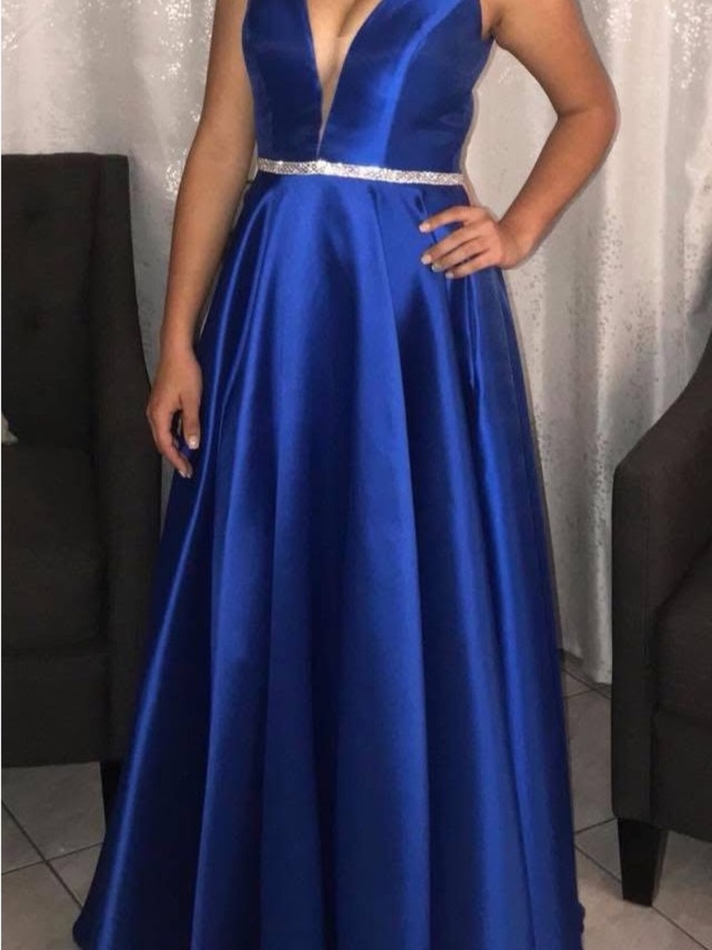 Satin Plunge V-Neck Evening Gown in Royal Blue